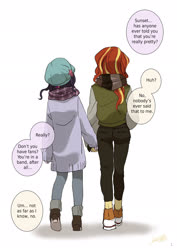 Size: 1450x2048 | Tagged: safe, artist:ku_rimo, sci-twi, sunset shimmer, twilight sparkle, equestria girls, equestria girls series, g4, clothes, comic, female, holding hands, japanese, lesbian, scarf, ship:sci-twishimmer, ship:sunsetsparkle, shipping, translation, translator:stellarator, winter coat, winter hat, winter outfit