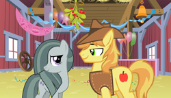 Size: 2064x1182 | Tagged: safe, braeburn, marble pie, earth pony, pony, g4, a happy ending for marble pie, barn, braebetes, braeble, christmas, cute, female, hearth's warming, heartwarming, holiday, looking at each other, male, marblebetes, mare, mistleholly, party, romance, romantic, shipping, stallion, straight, this will end in love