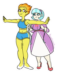 Size: 1072x1363 | Tagged: safe, artist:ponyretirementhome, coco pommel, spitfire, equestria girls, g4, abs, armpits, belly button, clothes, cocofire, dress, equestria girls-ified, female, headband, high heels, lesbian, looking at each other, measuring tape, muscles, shipping, shoes, simple background, socks, sports bra, sports shorts, stocking feet, white background