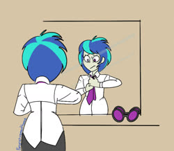 Size: 1280x1114 | Tagged: safe, artist:ponyretirementhome, dj pon-3, vinyl scratch, equestria girls, g4, back of head, clothes, female, implied lesbian, implied scratchtavia, implied shipping, mirror, necktie, pants, shirt, solo