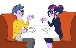 Size: 1002x635 | Tagged: safe, artist:ponyretirementhome, microchips, sci-twi, twilight sparkle, equestria girls, g4, dinner, eating, female, male, microlight, restaurant, shipping, straight