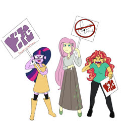 Size: 1280x1303 | Tagged: safe, artist:ponyretirementhome, fluttershy, sci-twi, sunset shimmer, twilight sparkle, equestria girls, g4, animal rights, boots, clothes, female, jewelry, lesbian, long skirt, necklace, polyamory, protest, ship:sci-twishimmer, ship:sunsetsparkle, ship:sunshyne, ship:twishy, shipping, shoes, simple background, skirt, socks, thigh highs, twishyset, white background