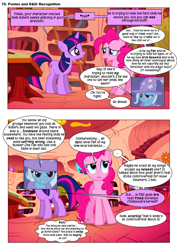 Size: 868x1228 | Tagged: safe, artist:dziadek1990, edit, edited screencap, screencap, pinkie pie, spike, trixie, twilight sparkle, oc, oc:pinka, comic:ponies and d&d, g4, griffon the brush off, book, bookshelf, comic, conversation, critical failure, dialogue, dice, dungeons and dragons, emote story:ponies and d&d, epic fail, fail, fantasy class, golden oaks library, library, pen and paper rpg, rpg, screencap comic, slice of life, stairs, text
