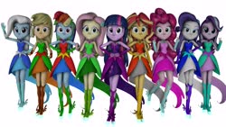 Size: 4675x2630 | Tagged: safe, artist:fazbearsparkle, applejack, fluttershy, pinkie pie, rainbow dash, rarity, starlight glimmer, sunset shimmer, trixie, twilight sparkle, equestria girls, g4, 3d, alternate clothes, boots, clothes, clothes swap, dress, humane five, humane seven, humane six, looking at you, midnight sparkle, outfit, shoes, simple background, skirt, source filmmaker, white background