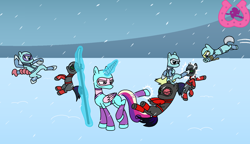 Size: 1510x870 | Tagged: safe, artist:author92, princess cadance, alicorn, earth pony, pony, g4, alternate clothes, armor, brightly colored ninjas, bucking, clothed ponies, clothes, colored wings, concave belly, crystal empire, crystal guard, crystal guard armor, female, fight, folded wings, glowing, glowing horn, gradient wings, guard, height difference, helmet, horn, kick, kicking, kunoichi, magic, mare, mask, mind control, naginata, ninja, no mane, physique difference, pounce, raised leg, rope, slender, snow, sombra soldier, telekinesis, thin, weapon, wings