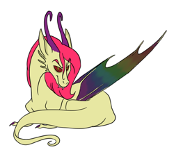 Size: 618x541 | Tagged: safe, artist:phobicalbino, oc, oc only, oc:benevolence, draconequus, hybrid, colored sclera, colored wings, draconequus oc, interspecies offspring, multicolored wings, offspring, parent:discord, parent:fluttershy, parents:discoshy, prone, red sclera, simple background, solo, white background, wings