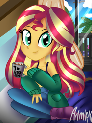Size: 1536x2048 | Tagged: safe, artist:artmlpk, sunset shimmer, human, equestria girls, balcony, bed, bedroom, chocolate, clothes, coffee mug, cute, female, food, hot chocolate, hotel, hotel room, jacket, looking at you, mug, oversized clothes, palm tree, pillow, shimmerbetes, signature, sitting, smiling, socks, solo, sweater, tree, window