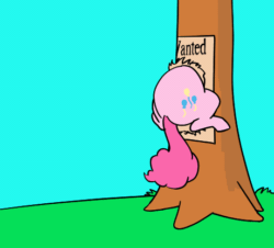 Size: 460x416 | Tagged: safe, artist:7exor, pinkie pie, bee, earth pony, insect, pony, g4, abuse, animated, balloonbutt, bee sting, butt, buttstuck, female, frame by frame, gif, mare, pinkiebuse, plot, stuck, tree, wanted poster