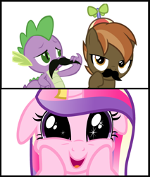 Size: 1548x1816 | Tagged: safe, button mash, princess cadance, spike, alicorn, dragon, earth pony, pony, g4, baby, baby dragon, buttonbetes, colt, cute, cutedance, facial hair, female, foal, male, mare, moustache, spikabetes, trio