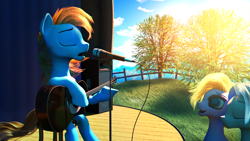 Size: 3840x2160 | Tagged: safe, artist:etherium-apex, oc, oc only, oc:4everfreebrony, pony, 3d, acoustic guitar, female, fence, high res, male, mare, microphone, musical instrument, speaker, stallion, tree