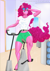 Size: 1024x1451 | Tagged: safe, artist:yoye-wolfgrel, pinkie pie, earth pony, anthro, unguligrade anthro, g4, belly button, breasts, exercise machine