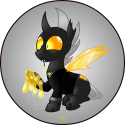 Size: 1280x1280 | Tagged: safe, artist:lakword, oc, oc only, oc:platan, changeling, insect, changeling drone, clothes, eating, excited, food, happy, holiday, honey, licking, nectar, outfit, sitting, snacking, solo, suit, tongue out, yellow changeling