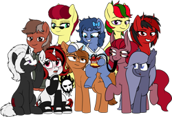 Size: 2976x2021 | Tagged: safe, artist:moonatik, artist:php109, artist:wenni, artist:zippysqrl, oc, oc only, oc:aces high, oc:attraction, oc:bubbles, oc:dustbowl dune, oc:forsaken, oc:four eyes, oc:lilith, oc:s.leech, oc:selenite, oc:sign, oc:whinny, bat pony, earth pony, pony, succubus, unicorn, 2020 community collab, derpibooru community collaboration, belly button, blushing, bow, chest fluff, chips, clothes, collaboration, collar, female, food, four eyes, freckles, frown, glasses, grin, hair bow, hoodie, hoof on chin, looking at you, male, mare, multiple artists, necktie, open mouth, simple background, sitting, smiling, solo jazz, stallion, standing, stockings, thigh highs, tongue out, transparent background, underhoof