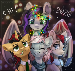 Size: 3100x2955 | Tagged: safe, artist:trickate, oc, oc only, earth pony, pegasus, pony, unicorn, candy, christmas, clothes, food, high res, holiday, lights, magic, necktie, scarf