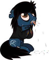 Size: 758x943 | Tagged: safe, artist:lightningbolt, derpibooru exclusive, earth pony, pony, undead, zombie, zombie pony, g4, .svg available, bags under eyes, blood, blood stains, bloodshot eyes, bone, bring me the horizon, choking, colored pupils, colored sclera, coughing, coughing up blood, dripping blood, drop dead clothing, fangs, floppy ears, grabbing throat, hoof on neck, lip piercing, long sleeves, oliver sykes, open mouth, piercing, ponified, rainbow blood, scar, show accurate, simple background, sitting, solo, stitches, svg, tattoo, tongue out, torn ear, transparent background, vector