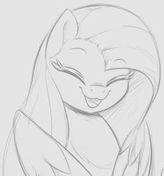 Size: 694x742 | Tagged: safe, artist:tre, fluttershy, pegasus, pony, g4, bust, cute, eyes closed, female, gray background, grayscale, mare, monochrome, open mouth, raised eyebrows, shyabetes, simple background, sketch, smiling, solo, wings