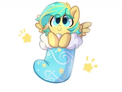 Size: 1600x1200 | Tagged: safe, artist:oofycolorful, oc, oc only, oc:lemonade candy, pegasus, pony, christmas, christmas stocking, eye clipping through hair, holiday, looking at you, solo