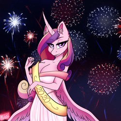 Size: 3607x3607 | Tagged: safe, artist:tyna, princess cadance, alicorn, anthro, g4, 2020, big breasts, breasts, busty princess cadance, cleavage, clothes, commission, dress, ear fluff, female, fireworks, happy new year, happy new year 2020, high res, holiday, looking at you, mare, night, solo, ych result