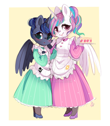 Size: 600x690 | Tagged: safe, artist:ipun, princess celestia, princess luna, alicorn, anthro, g4, alternate hairstyle, arm hooves, blushing, breasts, cake, chestbreasts, clothes, colored hooves, cute, cutelestia, deviantart watermark, dress, duo, female, food, friendship cafe, hair bun, lunabetes, maid, maid cafe, mare, obtrusive watermark, pantyhose, ponytail, royal sisters, shoes, siblings, sisters, smiling, watermark