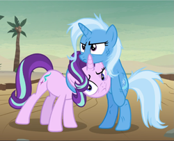 Size: 1155x940 | Tagged: safe, screencap, starlight glimmer, trixie, pony, unicorn, g4, road to friendship, bipedal, cropped, duo, female, mare, messy mane, scratches, trixie is not amused, unamused