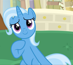Size: 1054x939 | Tagged: safe, screencap, trixie, pony, unicorn, g4, road to friendship, belly, cropped, cute, diatrixes, female, hoof on chest, looking at you, mare, raised hoof, sitting, smiling, solo