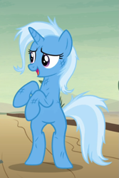 Size: 513x770 | Tagged: safe, screencap, trixie, pony, unicorn, g4, road to friendship, bipedal, cropped, female, mare, messy mane, open mouth, rearing, scratches, smiling, solo