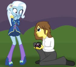 Size: 1024x895 | Tagged: safe, artist:grapefruitface1, trixie, oc, oc:grapefruit face, equestria girls, g4, canon x oc, crying, female, grapexie, male, night, ring, shipping, show accurate, straight, tears of joy, wedding proposal, wedding ring