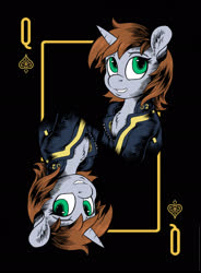 Size: 1642x2234 | Tagged: safe, artist:halley-valentine, oc, oc only, oc:littlepip, pony, unicorn, fallout equestria, clothes, ear fluff, fanfic, fanfic art, female, grin, horn, jumpsuit, mare, playing card, smiling, solo, vault suit