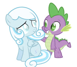 Size: 750x650 | Tagged: safe, artist:pilot231, edit, editor:undeadponysoldier, spike, oc, oc:snowdrop, dragon, pegasus, pony, g4, blind, canon x oc, crack shipping, female, filly, shipping, simple background, smiling, snowspike, white background
