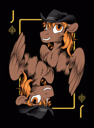 Size: 1642x2234 | Tagged: safe, artist:halley-valentine, artist:hobbes-maxwell, oc, oc only, oc:calamity, pegasus, pony, fallout equestria, chest fluff, cowboy hat, dashite, ear fluff, fanfic, fanfic art, grin, hat, male, playing card, smiling, spread wings, stallion, wings
