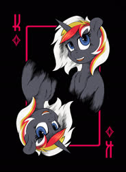 Size: 1642x2234 | Tagged: safe, artist:halley-valentine, artist:hobbes-maxwell, oc, oc only, oc:velvet remedy, pony, unicorn, fallout equestria, ear fluff, fanfic, fanfic art, female, horn, mare, open mouth, playing card, smiling, solo