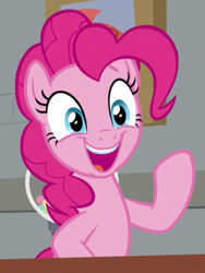 Size: 630x838 | Tagged: safe, screencap, pinkie pie, earth pony, pony, g4, the last laugh, cropped, female, mare, open mouth, raised hoof, solo