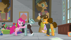 Size: 1920x1080 | Tagged: safe, screencap, cheese sandwich, pinkie pie, sans smirk, earth pony, pony, g4, the last laugh, butt touch, female, hoof on butt, male, mare, pushing, rump push, stallion