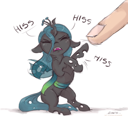 Size: 2400x2200 | Tagged: safe, artist:buttersprinkle, queen chrysalis, changeling, changeling queen, g4, adorable distress, behaving like a cat, catling, cute, cutealis, eyes closed, female, finger, floppy ears, high res, hissing, offscreen character, offscreen human, simple background, tiny, tiny ponies, white background