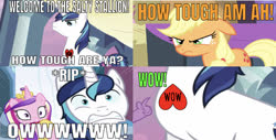 Size: 1223x623 | Tagged: safe, edit, edited screencap, editor:undeadponysoldier, screencap, applejack, princess cadance, shining armor, spike, twilight sparkle, alicorn, dragon, earth pony, pony, series:spikebob scalepants, g4, angry, caption, comic, female, heart, how tough are ya meme, male, mare, meme, no weenies allowed, ouch, salty spitoon, screaming armor, screencap comic, stallion, tattoo, wow