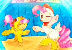 Size: 3282x2301 | Tagged: safe, artist:liaaqila, pinkie pie, scootaloo, earth pony, pegasus, pony, g4, animal costume, chicken pie, chicken suit, clothes, costume, cute, cutealoo, diapinkes, eyes closed, female, filly, high res, looking at you, mare, one eye closed, scootachicken, silly, silly pony, tongue out, traditional art, wink