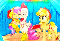 Size: 3373x2322 | Tagged: safe, artist:liaaqila, applejack, pinkie pie, scootaloo, earth pony, pegasus, pony, g4, animal costume, applejack's hat, chicken pie, chicken suit, clothes, costume, cowboy hat, cute, cutealoo, diapinkes, gold medal, hat, high res, hug, scootachicken, scootalove, silly, silly pony, traditional art