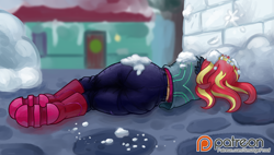 Size: 5000x2838 | Tagged: safe, alternate version, artist:smudge proof, sunset shimmer, equestria girls, equestria girls specials, g4, my little pony equestria girls: better together, my little pony equestria girls: holidays unwrapped, saving pinkie's pie, clothes, patreon, scene interpretation, snow, snowball, snowfort, solo, unconscious