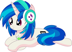 Size: 1024x738 | Tagged: safe, artist:cyanlightning, dj pon-3, vinyl scratch, pony, unicorn, g4, .svg available, chest fluff, ear fluff, female, headphones, holding, mare, mp3 player, prone, simple background, solo, transparent background, vector