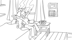 Size: 1200x675 | Tagged: safe, artist:treble clefé, sunset shimmer, equestria girls, g4, monday blues, my little pony equestria girls: summertime shorts, alarm clock, bed, breasts, busty sunset shimmer, clock, female, messy hair, monochrome, solo, sunset's apartment