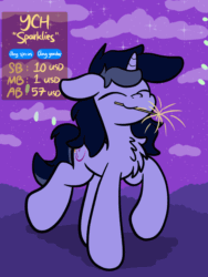 Size: 1080x1440 | Tagged: dead source, safe, artist:php142, oc, oc only, oc:purple flix, pony, unicorn, animated, chest fluff, commission, cute, eyes closed, fireworks, floppy ears, gif, male, mouth hold, new year, night, solo, sparkler (firework), text, ych example, your character here