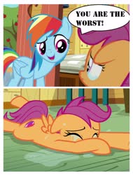 Size: 3106x4096 | Tagged: safe, edit, edited screencap, screencap, rainbow dash, scootaloo, g4, the last crusade, abuse, clubhouse, crusaders clubhouse, crying, op is a duck, op is trying to start shit, rainbow douche, sad, scootabuse, teary eyes