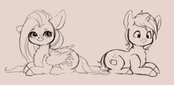 Size: 3432x1683 | Tagged: safe, artist:miokomata, fluttershy, oc, oc:coffee, pegasus, pony, unicorn, g4, chest fluff, duo, female, floppy ears, freckles, looking at you, mare, simple background