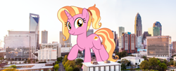 Size: 2485x1000 | Tagged: safe, artist:jhayarr23, artist:thegiantponyfan, luster dawn, pony, unicorn, g4, the last problem, bigger than life, building, charleston, city, female, giant luster dawn, giant ponies in real life, giant pony, giant unicorn, highrise ponies, irl, macro, mare, photo, ponies in real life, raised hoof, south carolina