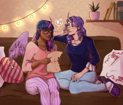 Size: 1280x1088 | Tagged: safe, artist:blueberry-ghost, rarity, twilight sparkle, human, g4, alicorn humanization, book, clothes, couch, dark skin, duo, female, glasses, heart, horn, horned humanization, humanized, lesbian, light skin, lights, pillow, potted plant, shelf, ship:rarilight, shipping, slippers, socks, winged humanization, wings