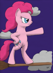 Size: 500x688 | Tagged: safe, artist:quint-t-w, pinkie pie, earth pony, pony, g4, bipedal, broom, cloud, colored, dramatic pose, female, flying, flying broomstick, old art, pencil drawing, solo, traditional art