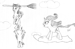 Size: 800x529 | Tagged: safe, artist:quint-t-w, apple bloom, rarity, scootaloo, sweetie belle, earth pony, pegasus, pony, unicorn, g4, black and white, broom, cloud, cutie mark crusaders, flying, flying broomstick, flying carpet, grayscale, holding on, magic carpet, monochrome, old art, panic, pencil drawing, struggling, traditional art, windswept mane