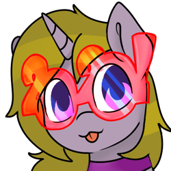 Size: 471x471 | Tagged: safe, artist:helithusvy, derpibooru exclusive, oc, oc only, oc:viola music heart, pony, unicorn, 2020 glasses, :p, cute, female, glasses, head shot, horn, mare, new year, simple background, tongue out, transparent background, unicorn oc, ych example, yellow hair, your character here