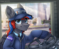 Size: 3000x2500 | Tagged: safe, artist:trickate, oc, oc only, oc:smooth walker, pegasus, pony, bus, bust, cap, clothes, driver, hat, high res, looking at you, male, necktie, philadelphia, portrait, septa, smiling, smiling at you, solo, stallion, uniform