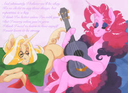 Size: 4296x3114 | Tagged: safe, artist:frozensoulpony, oc, oc:hornswoggle, oc:strawberry essence, pony, unicorn, female, glasses, mare, musical instrument, offspring, parent:flam, parent:party favor, parent:pinkie pie, parent:primrose, parents:partypie, traditional art, ukulele